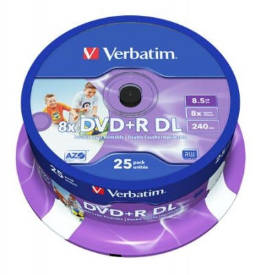 DVD+R lemez, kétrétegű, nyomtatható, no-ID, 8,5GB, 8x, 25 db, hengeren, VERBATIM "Double Layer"